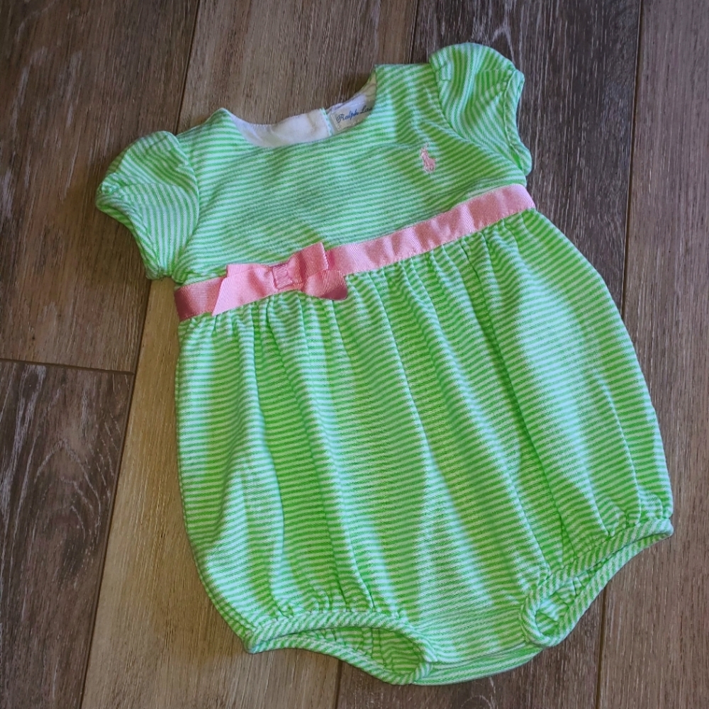 Ralph Lauren baby girl's lime green & white striped romper in size 3 mo.